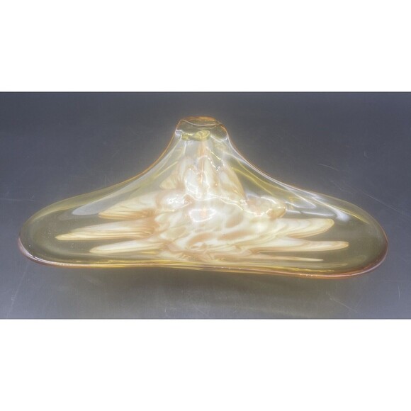 VTG Murano Amber W/ Gold & White Feather Glass Bowl W/ Folded Edge 12” - Picture 2 of 7